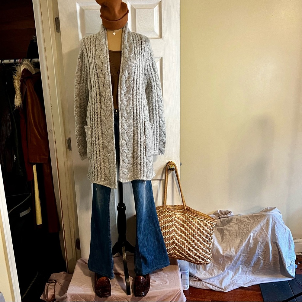 Lemon Women’s Chunky Midi Cable Knit Grandpa Cozy Casual Cardigan Gray‎ S/M